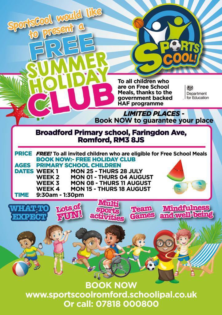 SportscoolR's tweet photo. After the success of our Easter HAF Club, we are pleased to be doing a FREE SUMMER HOLIDAY CLUB.

This course is FREE to children who are eligible for free school meals and a healthy meal will be provided. 

We can’t wait. Hurry, places going fast!!! ⚽️🏀🎾🏏🏅 #multisports #fun https://t.co/j3bowvDb6D