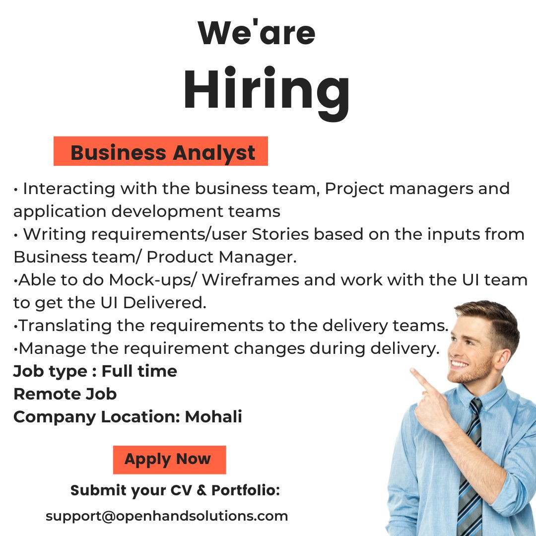OpenHandS's tweet image. HIRING- BUSINESS ANALYST
#businessanalyst #businessanalysis #business #agile #projectmanagement #businessanalytics #productmanagement #iiba #technology #dataanalytics #datascience #elearning #innovation #businesstips #training #mohalijobs #dataanalyst #businessowner
