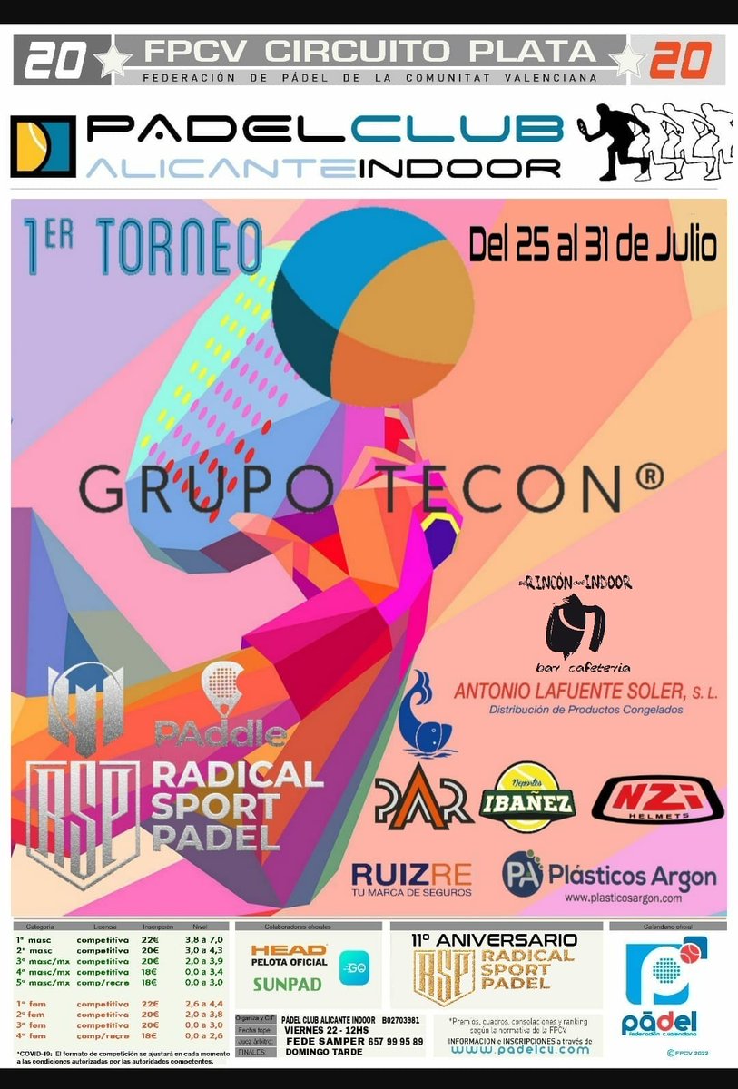 PADELCLUB's tweet photo. ¡Del 25 al 31 JULIO te esperamos!
Pádel Club Alicante organiza por primera el Torneo Federado Grupo Tecon, es un 20 estrellas, y estamos orgullosos de poder recibirlos en nuestra casa.

Inscríbete yaen la página oficial de la Federación de Pádel de la

https://t.co/rlwUmBiE8E https://t.co/Vg5sU0j2lI