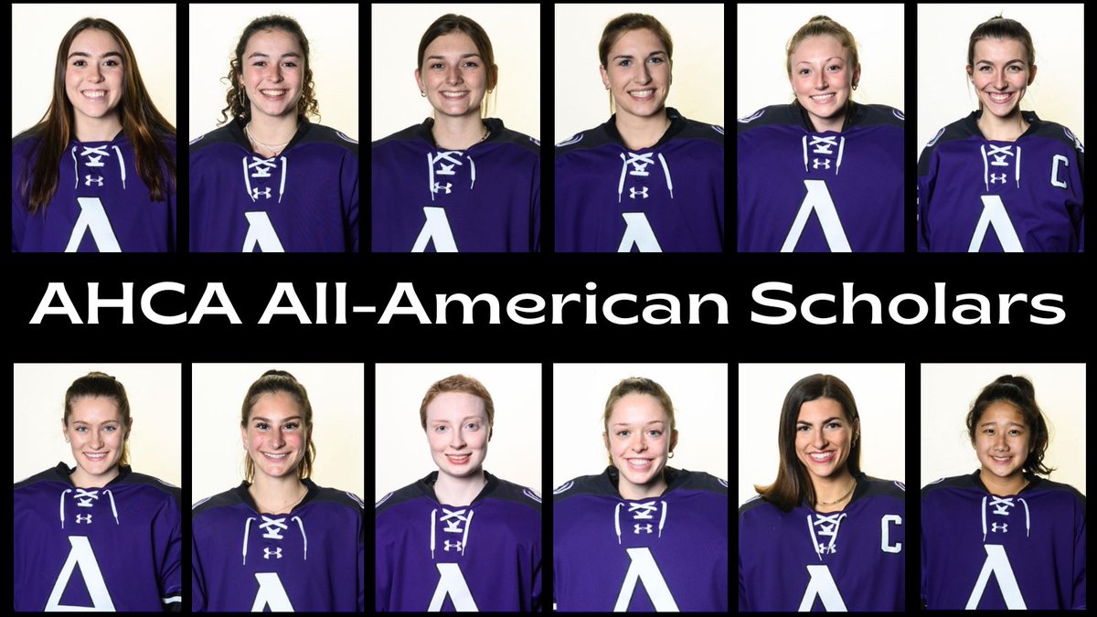 AmherstWIH's tweet photo. Congratulations to the 12 members of our 2021-2022 team who earned the honor of being named "Krampade All-American Scholars" by the American Hockey Coaches Association (AHCA): Anna Baxter, Ellie DeCarlo, Avery Flynn, Elizabeth Holubiak, Anna Kruesel, Kenzie MacDonald, Stephanie https://t.co/jhSC0JOgsC