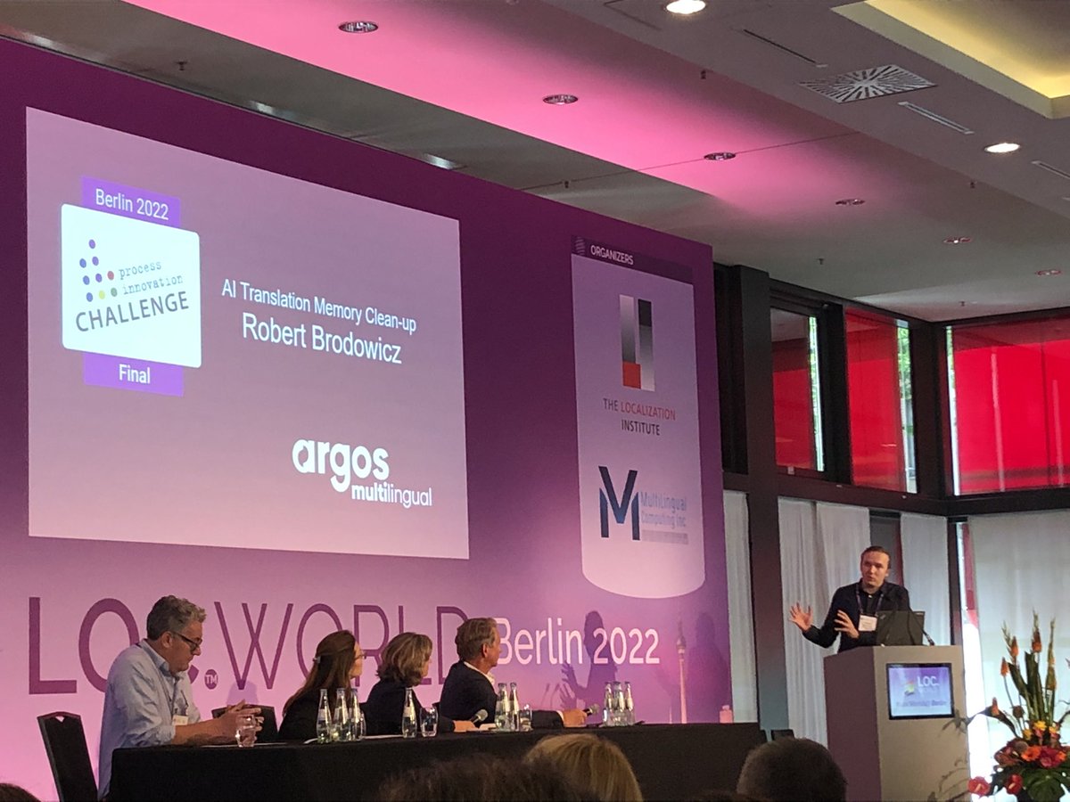 KimShouler's tweet photo. Listening to our very own Robert Brodowicz in the final round of the #locworld47 Process Innovation Challenge #TMcleanup #AI #TranslationMemory #l10n @LocWorld @ArgosMultiling https://t.co/jGtOLacoE1