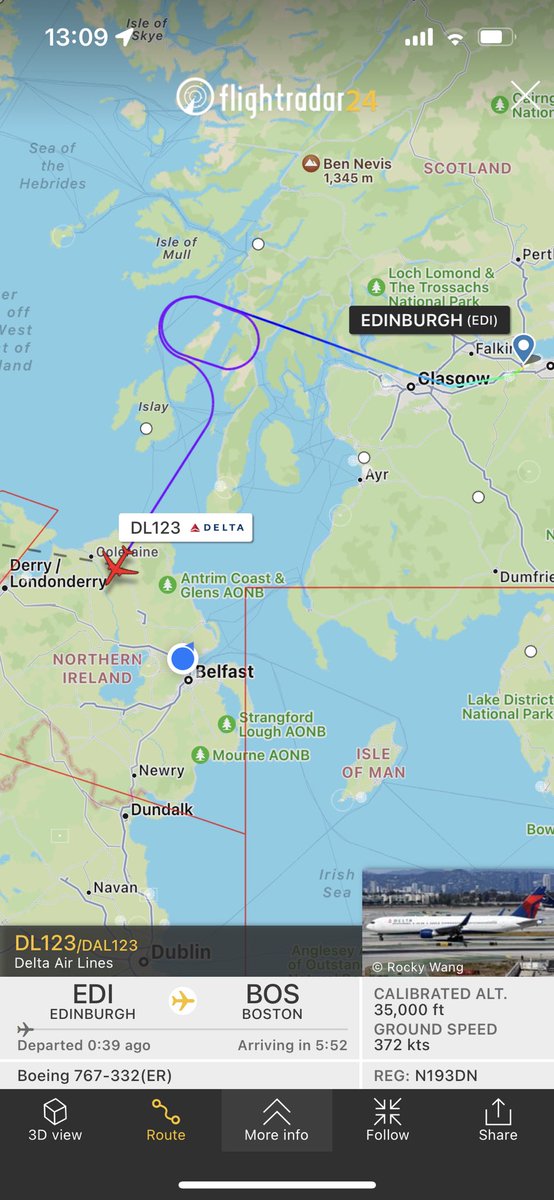 TheSnoopySnoop's tweet photo. ⚠️ #DL123 #Squawk7700 ⚠️

Delta Airlines B767 N193DN
🛫 Edinburgh 🛬Boston
Declared general emergency after departure from Edinburgh 

Currently heading over Northern Ireland at 35,000ft. Possible divert to Shannon?

#AvGeek #planespotting #Emergency @Delta https://t.co/i7LAXrXTF1