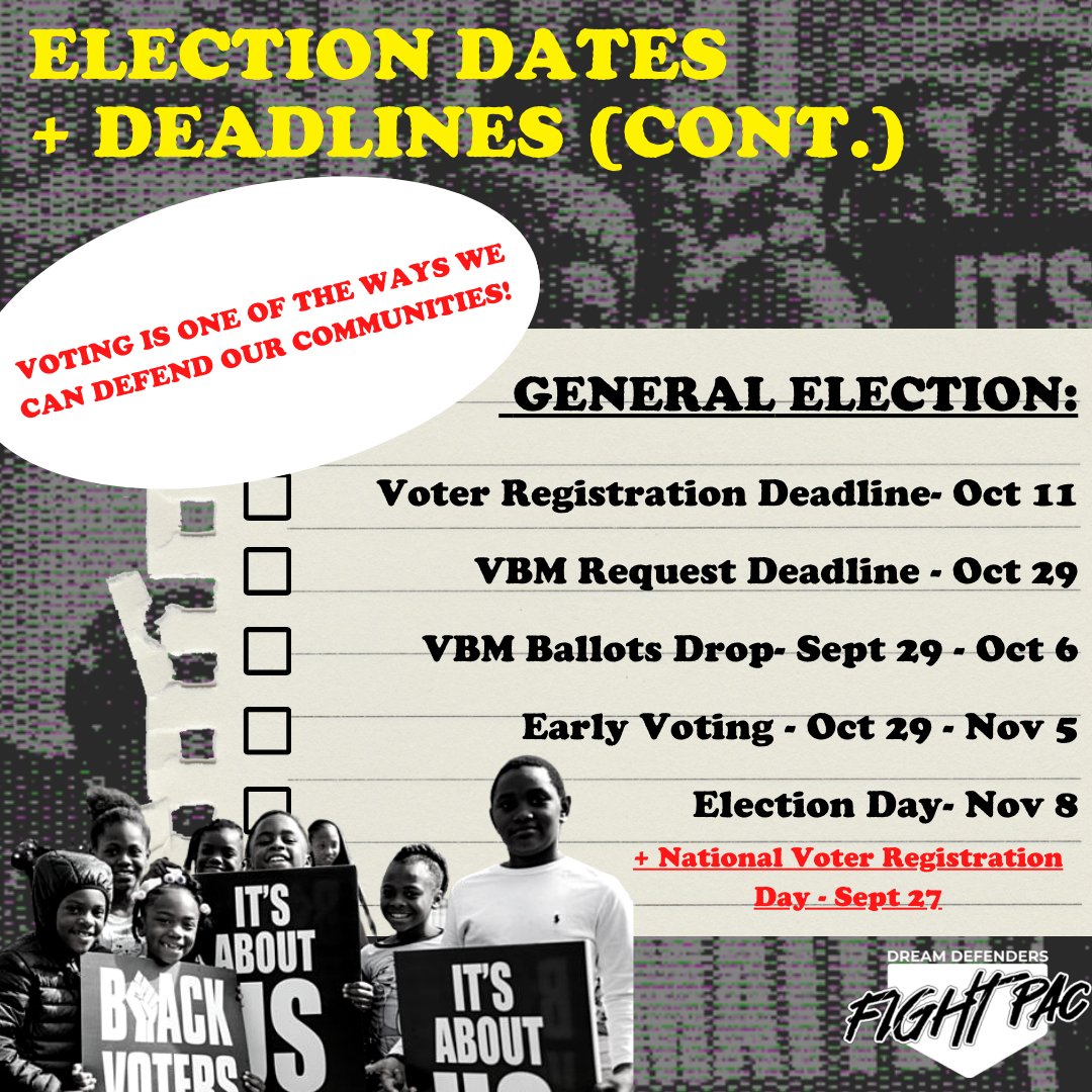 DDFightPac's tweet photo. FLORIDA🗣️ 

Here are some important dates and deadlines for the upcoming Primary + General Elections! Make sure you're registered to vote and make a plan to turn in your ballot!

For information about vote-by-mail or finding your polling location, text 'Vote22' to 48-48-48 📲 https://t.co/1uBrGrj05R