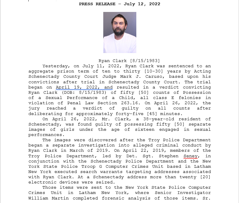 DASchenectady's tweet photo. Ryan Clark sentenced to 10 to 30 years in Schenectady County Court after being found guilty of fifty counts of possession of a sexual performance of a Child. Please see attached press release. https://t.co/JZlqPhdPMb