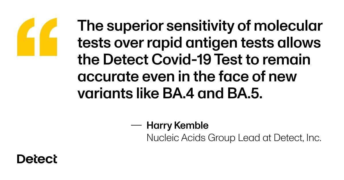 Detect’s PCR-quality Covid-19 test is expected to recognize all known Variants of Concern, including the BA.4 and BA.5 variants that are spreading rapidly across the U.S. For a deep dive on molecular tests and variants, check out our blog: blog.detect.com/post/sars-cov-…™
