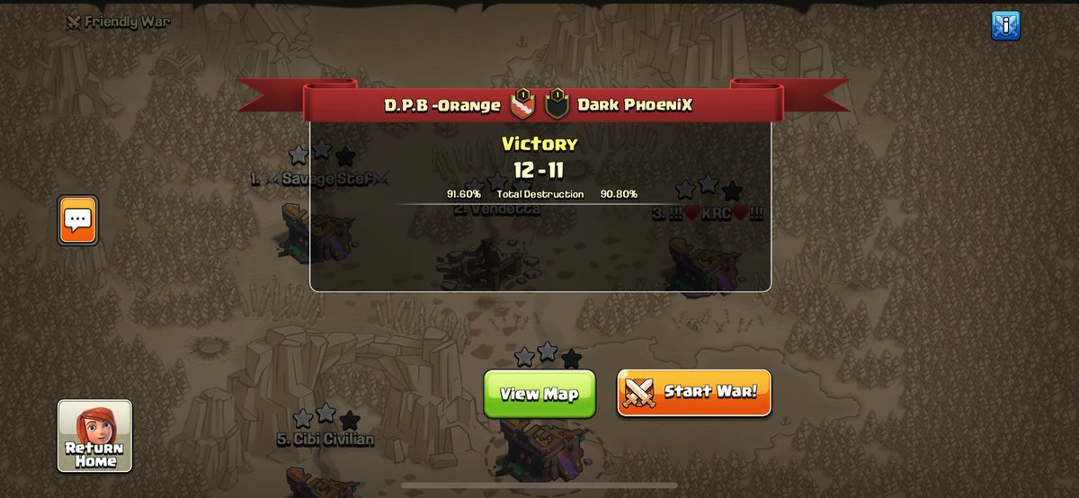 Mulan cup 
✅️victory
D.P.B -Orange 🆚️ Dark Phoenix
12⭐️ (📊91,60%) 11⭐️ (90,80%)

⭐️⭐️⭐️ @ClashVendetta 
⭐️⭐️⭐️ #CibiCivilian 

Ggs to us team and Dark Phoenix 😎🔥