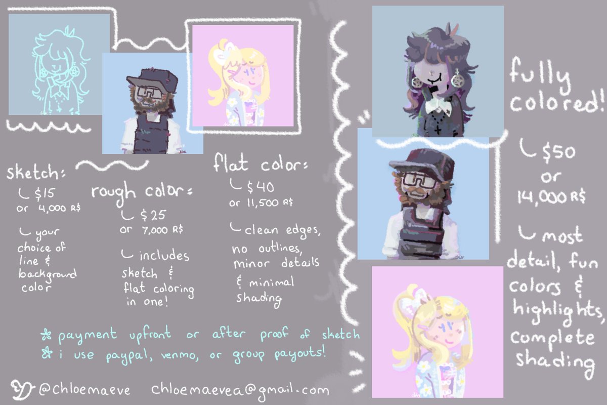 chloemaeve's tweet photo. hi everyone, commissions are open again!! i'll draw you a profile picture based on the options that you can choose from below :) 

soon i will have full body options and more fun things, but for now, feel free to contact me if you'd like to support me and buy a new profile pic! https://t.co/TySo9w2wm5