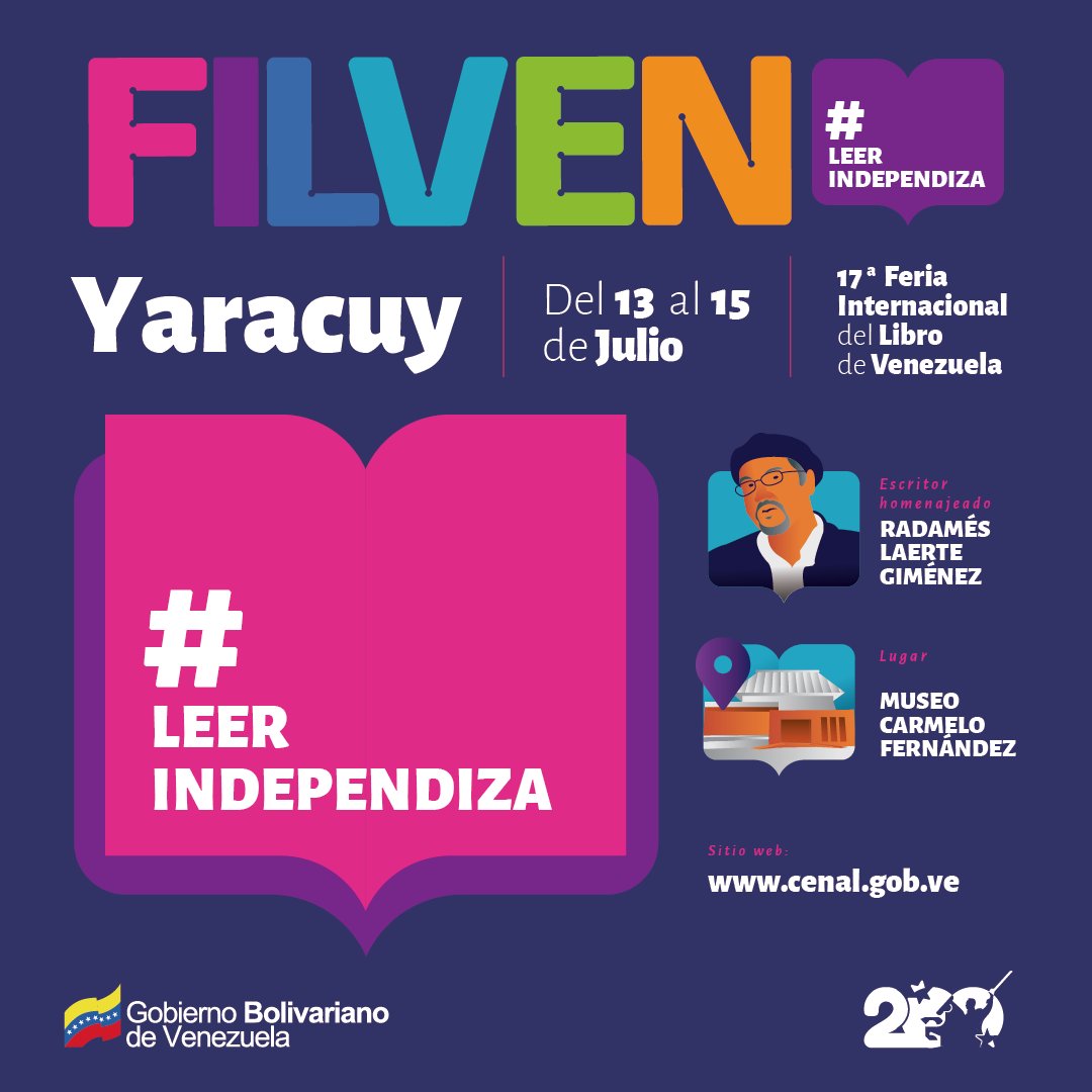📢 Asiste a la Feria Internacional del Libro de Venezuela #FILVEN capítulo #Yaracuy, del 13 al 15 de julio, en el Museo Carmelo Fernández

#VenezuelaApoyaElDeporte #LeerIndependiza

<a href="/NicolasMaduro/">Nicolás Maduro</a> <a href="/VillegasPoljak/">Ernesto Villegas Poljak</a> <a href="/raulcazal/">Raúl Cazal</a> <a href="/minculturave/">Ministerio del Poder Popular para la Cultura</a> <a href="/gabineteyaracuy/">MinCultura Yaracuy</a>