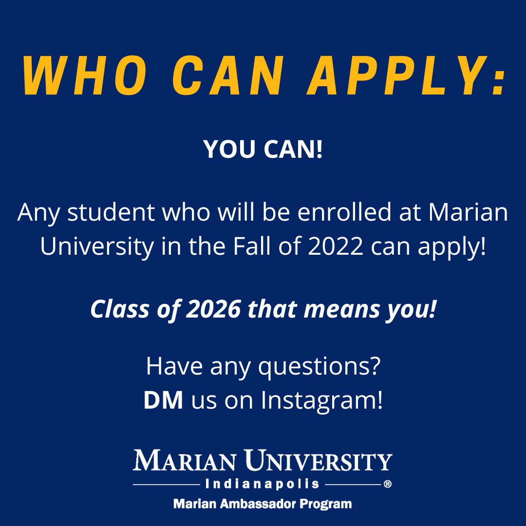 Calling all Knights!

We want YOU to apply to be a Marian Ambassador! This is a great on-campus job opportunity and is open to all grades. Have any questions? Reach out to us!

Swipe over to learn how to apply!