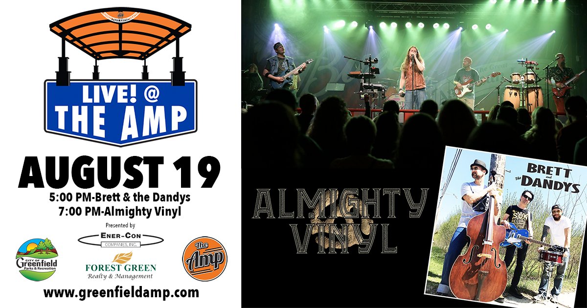 gfwiparksrec's tweet photo. Live! @ The AMP is Friday, August 19th presented by Ener-Con Companies, Inc and Forest Green Realty &amp; Management featuring Brett &amp; The Dandys and Almighty Vinyl. Scheduled vendors Nothing Bundt Cakes, El Sazón Dominicano, Clean Cruisine, Billy Sims BBQ. https://t.co/35nMbkYA2z https://t.co/GzjUop5dXt