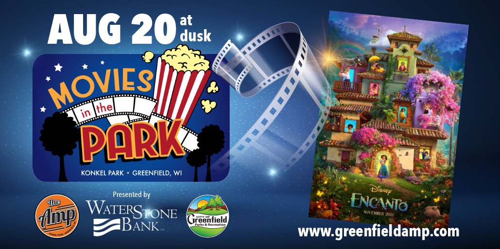 gfwiparksrec's tweet photo. FREE Movie in Konkel Park Saturday, 
August 20th presented by WaterStone Bank, featuring 
"Encanto". The movie begins at dusk. Bring your 
chairs and blankets and get comfortable at the AMP. 
No dogs allowed. For 
more information on our events visit 
https://t.co/35nMbkGZb1. https://t.co/o0sAHv7Ayo