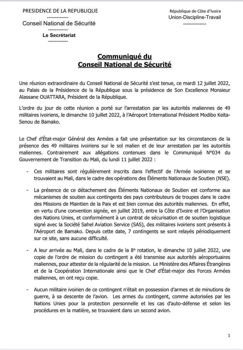 b_mamery's tweet photo. LA CÔTE D'IVOIRE EXIGE LA LIBÉRATION IMMÉDIATE DES 49 SOLDATS INTERPELLÉS AU MALI.

#InstantFlash https://t.co/TxRmv2nbVd