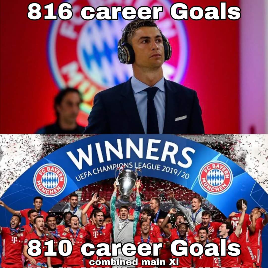 IconicCR7_'s tweet photo. Cristiano Ronaldo has more career goals than Bayern's XI who won the sextuple in 2020. 😱🐐 https://t.co/wu1bikx9Ob