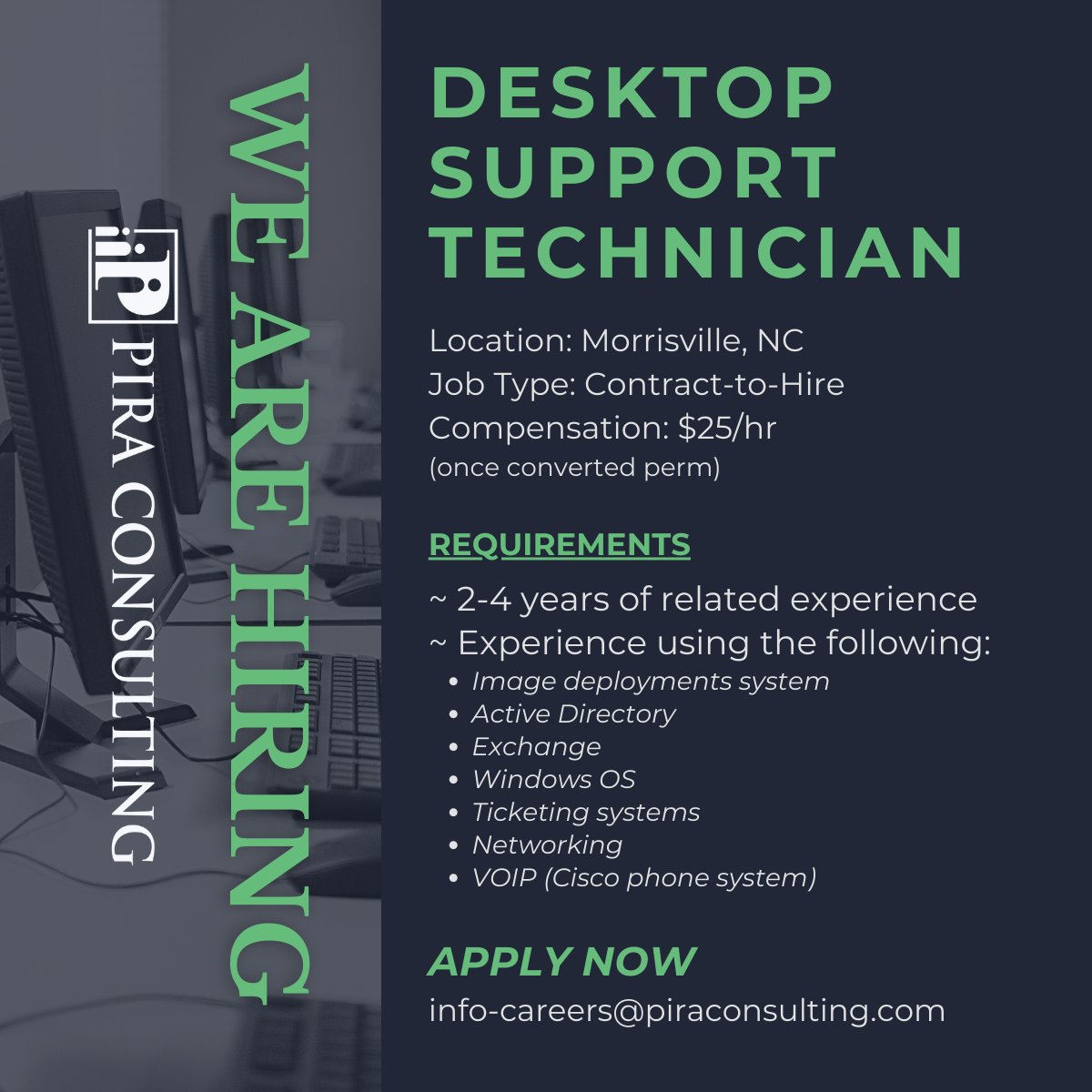 ConsultingPira's tweet photo. 𝐍𝐎𝐖 𝐇𝐈𝐑𝐈𝐍𝐆: Desktop Support Technician
𝐋𝐨𝐜𝐚𝐭𝐢𝐨𝐧: Morrisville, NC
𝐉𝐨𝐛 𝐓𝐲𝐩𝐞: Contract-to-Hire
𝐂𝐨𝐦𝐩𝐞𝐧𝐬𝐚𝐭𝐢𝐨𝐧: $25/hr, once converted perm
𝐀𝐩𝐩𝐥𝐲 𝐀𝐭: https://t.co/NUyzfspMD5

#DesktopSupport #DesktopSupportTechnician https://t.co/bS72vzpocP