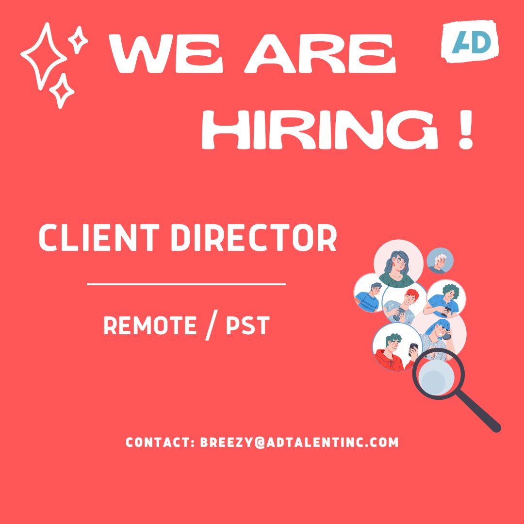We are currently working closely with the recruiting team at a global digital agency who is looking to bring on a fulltime Client Director to work with their San Francisco office. Remote &amp; PST hours! Contact: Breezy@adtalentinc.com

#tuesdayvibe