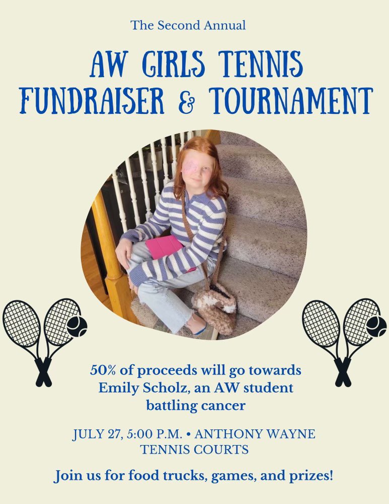 AWGirlsTennis's tweet photo. Mark your calendars!  July 27, 5pm.  Come watch girls tennis players pair up with AW athletes and coaches from other sports in a fun tournament.  Admission is free. Reach out to a player or coach about sponsoring the serve a thon https://t.co/0RE3R0QMPG