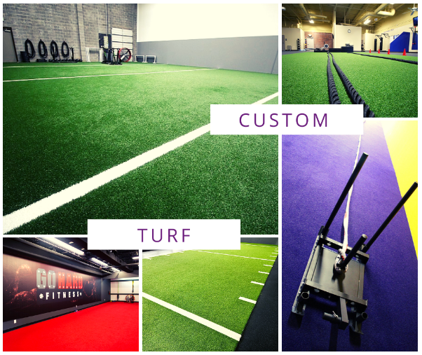 Beat the heat by bringing your outdoor workout inside on durable turf that simulates natural grass! We can customize your turf with yard lines, hash marks, logos, and various colors. #exercise #concepttocompletion