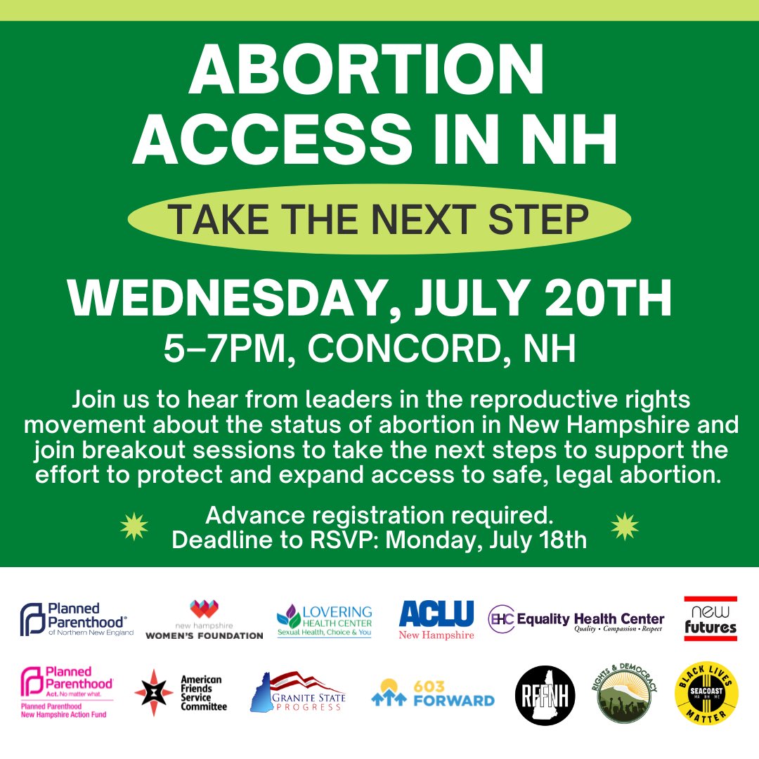 Fired up + ready for what comes next? Join us + our partners to hear from #ReproRights leaders about the state of abortion in NH + take the next step to support the effort to expand + protect abortion access in NH. 

Sign up: weareplannedparenthoodaction.org/a/abortion-acc…
 #NHPolitics #BansOffOurBodies