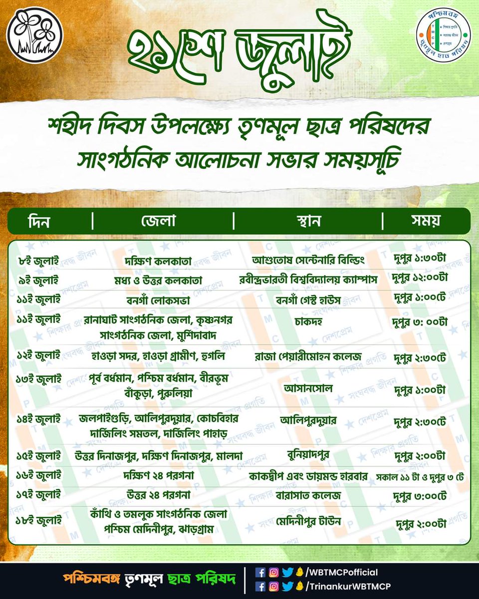 WBTMCPofficial's tweet photo. ২১শে জুলাই শহীদ দিবস উপলক্ষ্যে তৃণমূল ছাত্র পরিষদের সাংগঠনিক আলোচনা সভার সময়সূচি। #ShahidDibas https://t.co/iRRsBa8Ujt