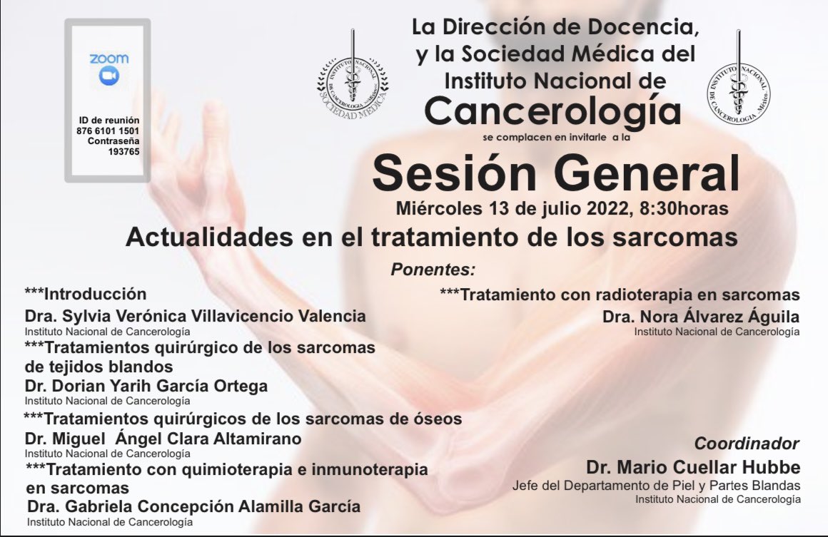 Dr. Miguel Angel Clara A. (@drmiguelclara) on Twitter photo Acompáñanos en la sesión general del Instituto Nacional de Cancerología de México. Es el mes del sarcoma, debemos continuar con la educación y difusión de este grupo tan heterogéneo de tumores. <a href="/incanMX/">Instituto Nacional de Cancerología</a> <a href="/DorianGarciaMD/">Dorian Y. García-Ortega MD, MSc,PhD, FACS</a> Acompáñanos en la sesión general del Instituto Nacional de Cancerología de México. Es el mes del sarcoma, debemos continuar con la educación y difusión de este grupo tan heterogéneo de tumores. <a href="/incanMX/">Instituto Nacional de Cancerología</a> <a href="/DorianGarciaMD/">Dorian Y. García-Ortega MD, MSc,PhD, FACS</a>