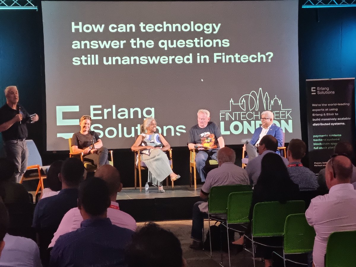 ErlangSolutions's tweet photo. We're playing #fintech Jeopardy with @andrewvorster,  @Chris_Skinner, @mgleveille, @ritesh5182 &amp; Jacky Uys. Insightful discussion for @FintechWeekLDN #ftwLondon #ftwl2022 #FTWLondon2022 #ftwl https://t.co/RRrVFQmx2x
