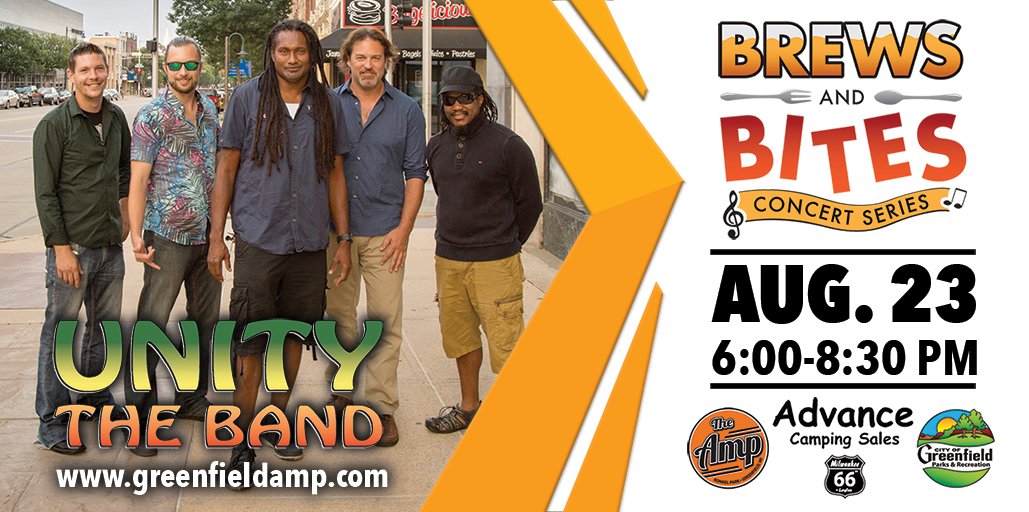 gfwiparksrec's tweet photo. The next Brews and Bites Concert is on Tuesday, August 23rd presented by Advance Camping Sales featuring Roots Reggae band Unity The Band. Scheduled food vendors Piña Mexican Eats, Rollin Smoke, Clean Cruisine, and That’s My Dawg. https://t.co/35nMbkYA2z. https://t.co/bJKRd2BAzS