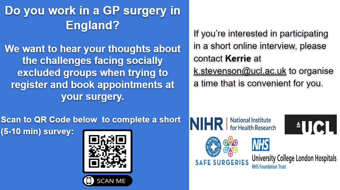 Kerrie Stevenson (@drkstevenson) on Twitter photo ⭐️ EXTENDED DEADLINE - 1st August
📣 Calling all GP practice staff, especially #receptionists
<a href="/DOTW_UK/">Doctors of the World</a> & <a href="/UCL_IHI/">The UCL Institute of Health Informatics</a> #Right2Care want to hear how to improve primary care access💡
📑 10-min survey: bit.ly/3uLjyxh
📩 Email to be interviewed: k.stevenson@ucl.ac.uk
#TeamGP ⭐️ EXTENDED DEADLINE - 1st August
📣 Calling all GP practice staff, especially #receptionists
<a href="/DOTW_UK/">Doctors of the World</a> & <a href="/UCL_IHI/">The UCL Institute of Health Informatics</a> #Right2Care want to hear how to improve primary care access💡
📑 10-min survey: bit.ly/3uLjyxh
📩 Email to be interviewed: k.stevenson@ucl.ac.uk
#TeamGP