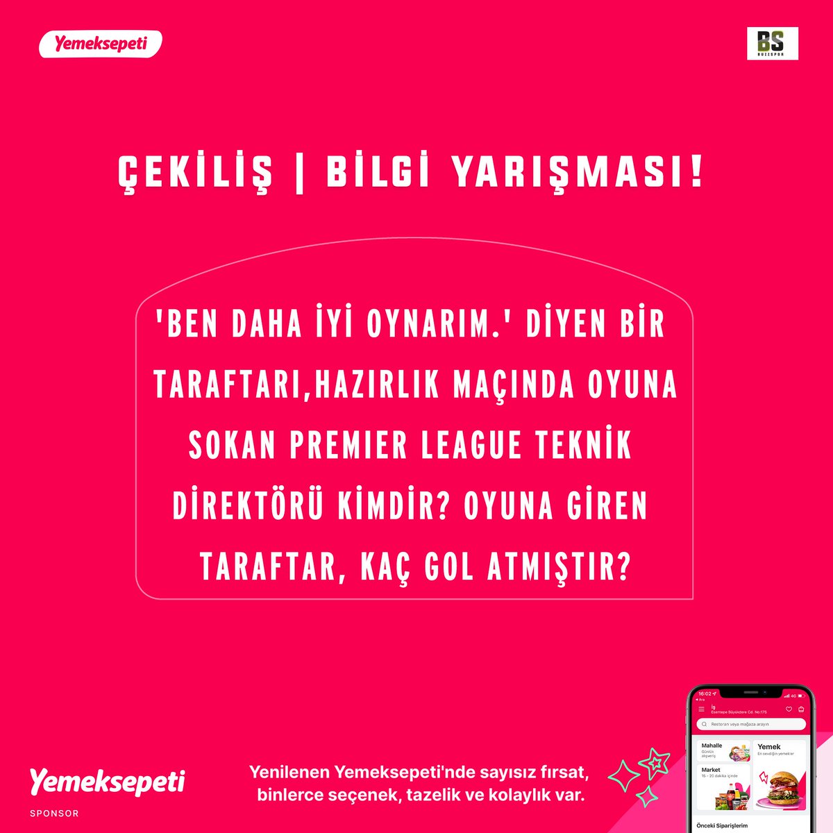 ✔️ Paylaşımı RT’le,
✔️ Yorum yap,
✔️ <a href="/yemeksepeti/">Yemeksepeti</a>’ni takip et.
 
🤔 Bilgi yarışması!
🎉 5 kişi, <a href="/yemeksepeti/">Yemeksepeti</a>'nden 50 TL hediye çeki kazanacak!