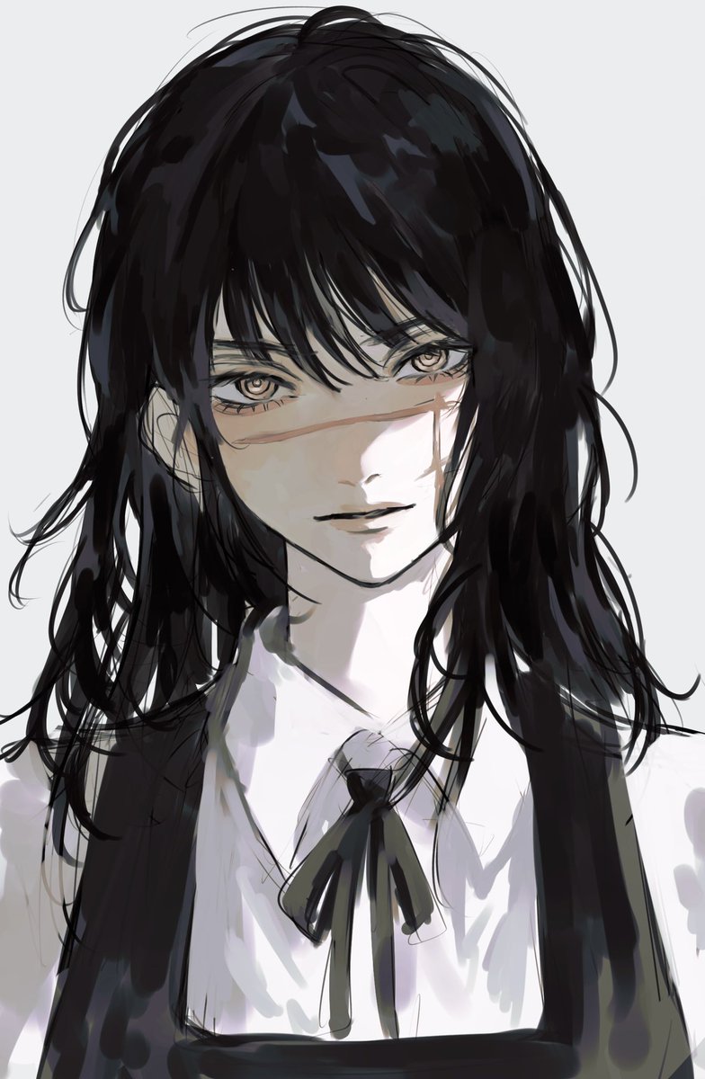1girl solo scar black hair ringed eyes scar on face looking at viewer  illustration images