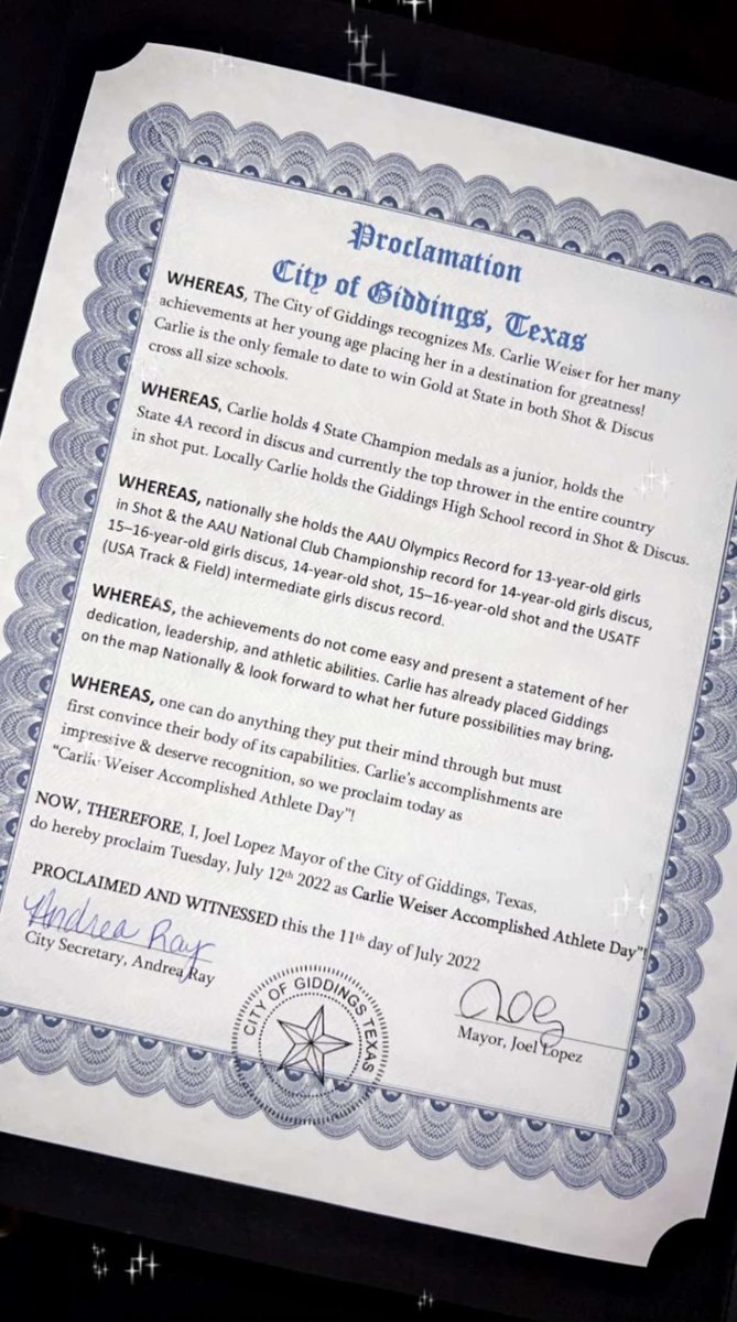 Carlie Weiser (@carlie_weiser) on Twitter photo Absolutely ✨BLESSED✨ to announce that today, July 12, 2022 , is officially “Carlie Weiser Accomplished Athlete Day” in Giddings, Texas!!! GO BUFFS🦬🖤💛
<a href="/coachsmada79/">Michael Adams</a> <a href="/GiddingsXC/">Giddings XC</a> <a href="/LadyBuffStuff/">Giddings Lady Buffs</a> <a href="/GiddingsIsd/">GiddingsISD</a> <a href="/TTFCA/">TTFCA</a> <a href="/KVUE/">KVUE News</a> Absolutely ✨BLESSED✨ to announce that today, July 12, 2022 , is officially “Carlie Weiser Accomplished Athlete Day” in Giddings, Texas!!! GO BUFFS🦬🖤💛
<a href="/coachsmada79/">Michael Adams</a> <a href="/GiddingsXC/">Giddings XC</a> <a href="/LadyBuffStuff/">Giddings Lady Buffs</a> <a href="/GiddingsIsd/">GiddingsISD</a> <a href="/TTFCA/">TTFCA</a> <a href="/KVUE/">KVUE News</a>