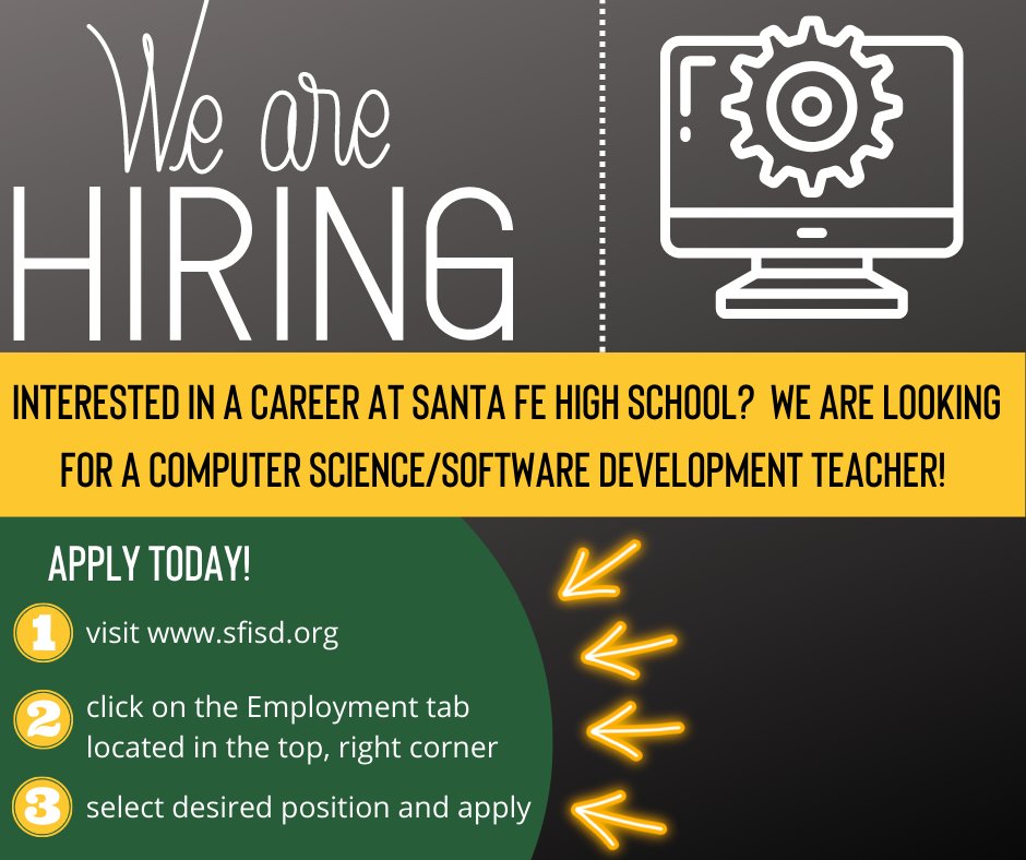 SantaFeISD's tweet image. Check out this awesome opportunity at Santa Fe High School!!  Apply today! @SantaFeTEXASHS  #computerscienceteacher #teachcomputerscience #cte #texasteacher