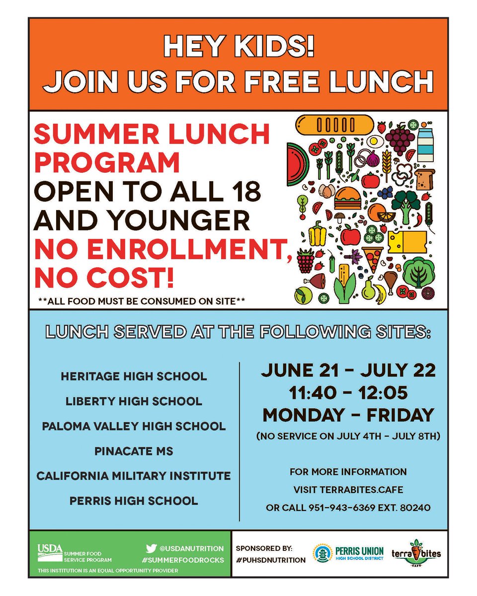 TerraBitesCafe's tweet photo. Friendly reminder that our Summer Lunch Program is offered through July 22nd, Monday-Friday, from 11:40 AM-12:05 PM, at various sites. Available to kids 18 and younger: They don't need to be an enrolled student in PUHSD.

For more information please visit: https://t.co/oDzxaMEcb5 https://t.co/5Eee3FC1mm