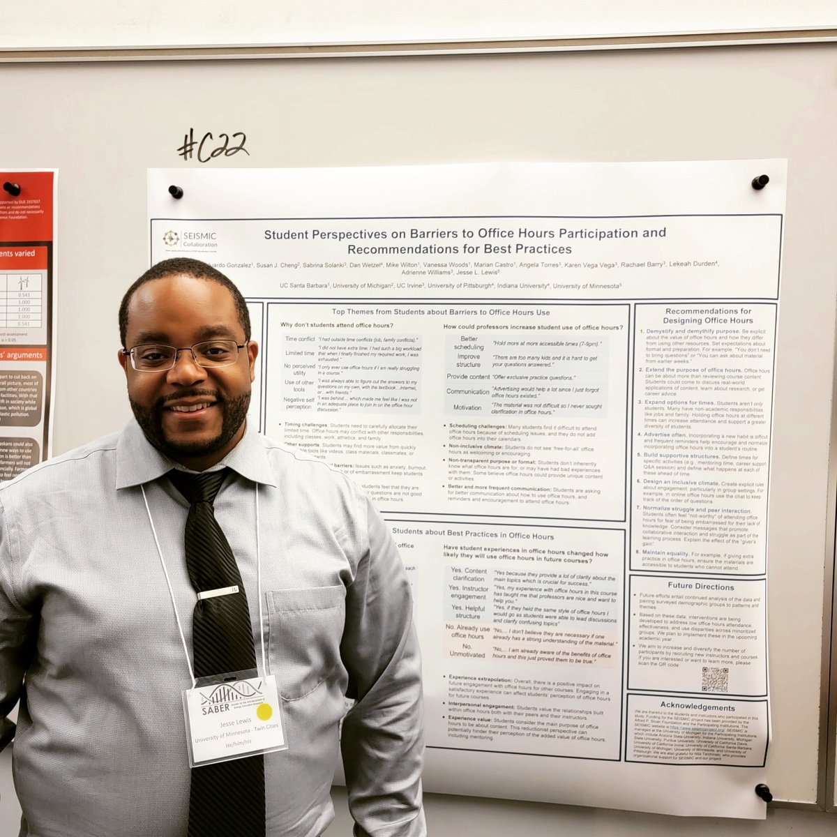 I had a blast being able to connect with so many people at SABER2022 this year. I'm proud to represent some of the work done by my colleagues. Next year we know more about making office hours more engaging and equitable. #SABER2022 <a href="/SABERcommunity/">SABER</a> <a href="/SEISMIC_project/">SEISMIC</a>
