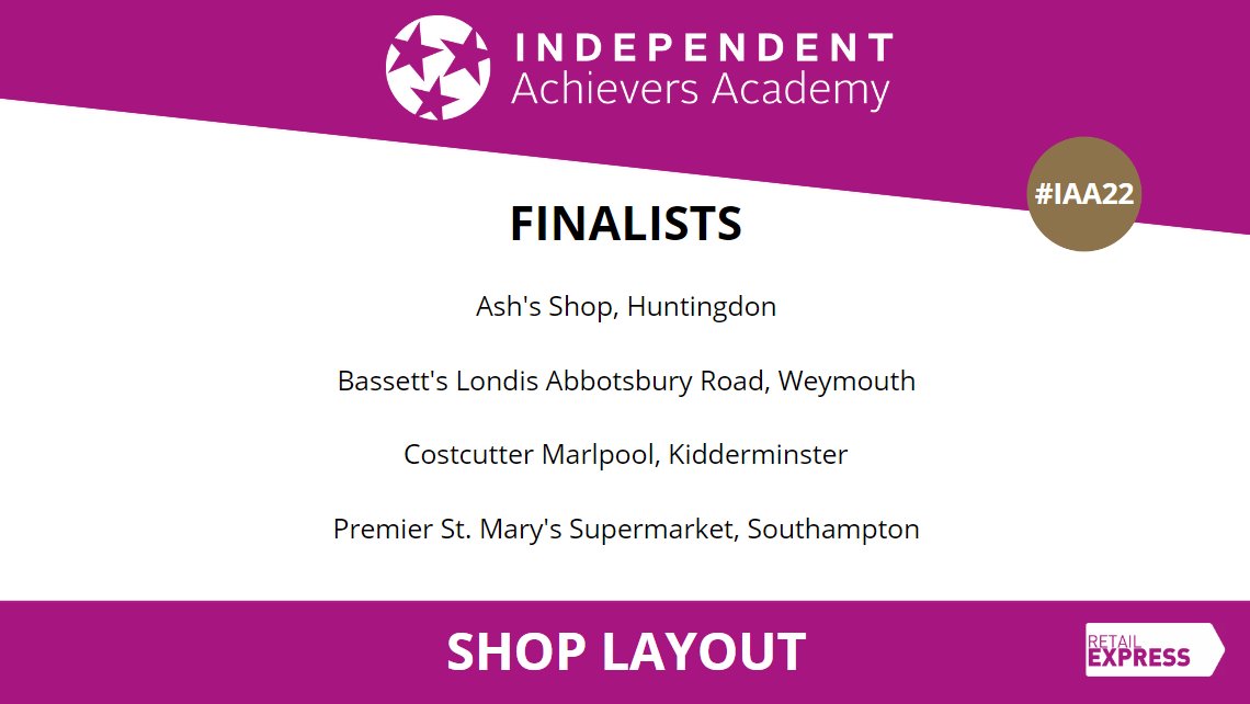 Who will be the Category Star for Shop Layout with <a href="/retailexpress/">Retail Express</a> 
The #IAA22 Finalists are
Ash’s Shop, Huntingdon <a href="/amitp1992/">Amit Puntambekar</a>
Bassett’s Londis Abbotsbury Road <a href="/davehiscutt/">Dave Hiscutt</a>  <a href="/steedthrust/">Steve Bassett</a>
Costcutter Marlpool, Kidderminster <a href="/CostcutterMp/">CostcutterMarlpool</a>
Premier St. Mary’s Supermarket <a href="/mike_lakhani/">Mike@st marys supermarket</a>