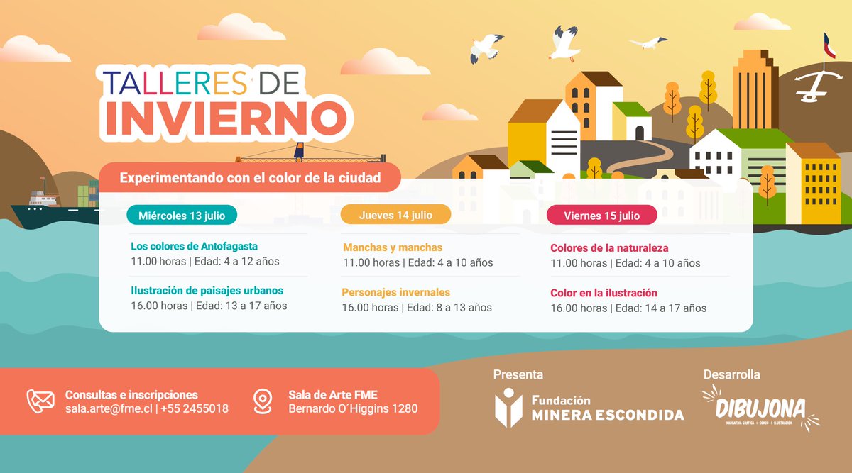 ¡Ya están abiertas las inscripciones para la tercera semana de los #TalleresDeInvierno de #FME y <a href="/Dibujona/">DIBUJONA</a>!🎨 Son para niños, niñas y adolescentes ¡Inscríbete! Hay cupos limitados. 

Puedes hacerlo en sala.arte@fme.cl o al 55 2 455018.

#Antofagasta #VacacionesDeInvierno