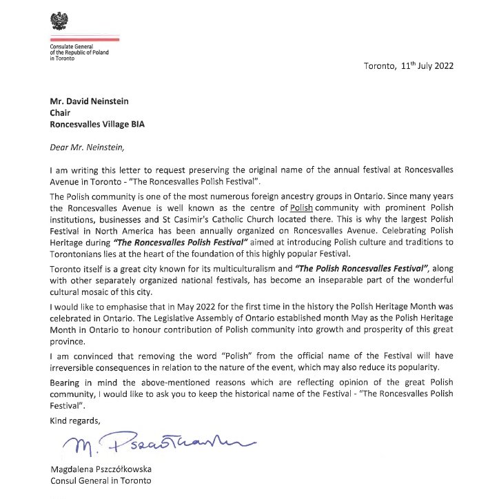 PLinToronto's tweet photo. π’In response to the decision changing the name of The Roncesvalles π΅π± Polish Festival to Roncesvalles Festival, π΅π± CG @PszczolkowskaPL issued letter to the Chair of Roncesvalles Village BIA with a request to preserve the original name of the event.
Please get #involved! π΅π±π¨π¦ https://t.co/rvr2b3xnd2