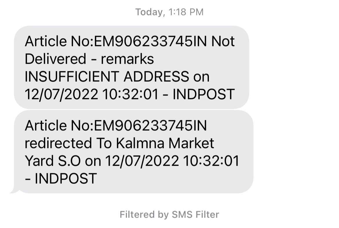 vencefernandes's tweet photo. @IndiaPostOffice Speed post EM906223745IN  sent 9/7/22.
Recipient received message stating insufficient address. Parcel to be delivered to Symbiosis University Nagpur. 
Girl’s Hostel, Gat. No.167,168,169, Village Mauje, Bhandewadi, Wathoda Layout,
Nagpur 440008.
Deliver urgently https://t.co/ws7HiGXP54