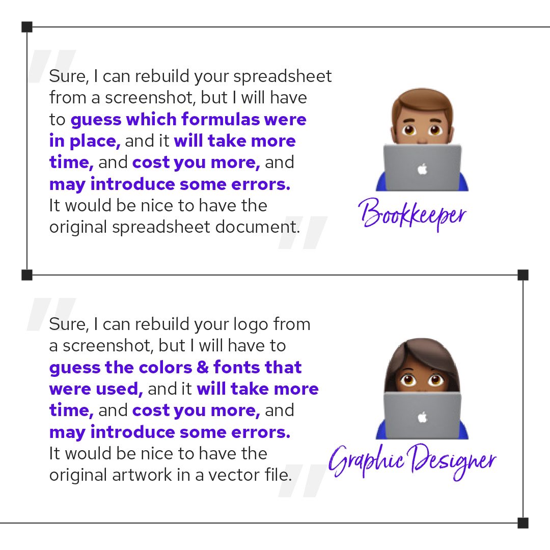 VectorVine's tweet photo. You wouldn’t share a JPEG of a spreadsheet with a bookkeeper, you would share the Excel file. #whatisavectorfile #graphicdesign https://t.co/uXINbWjHOn