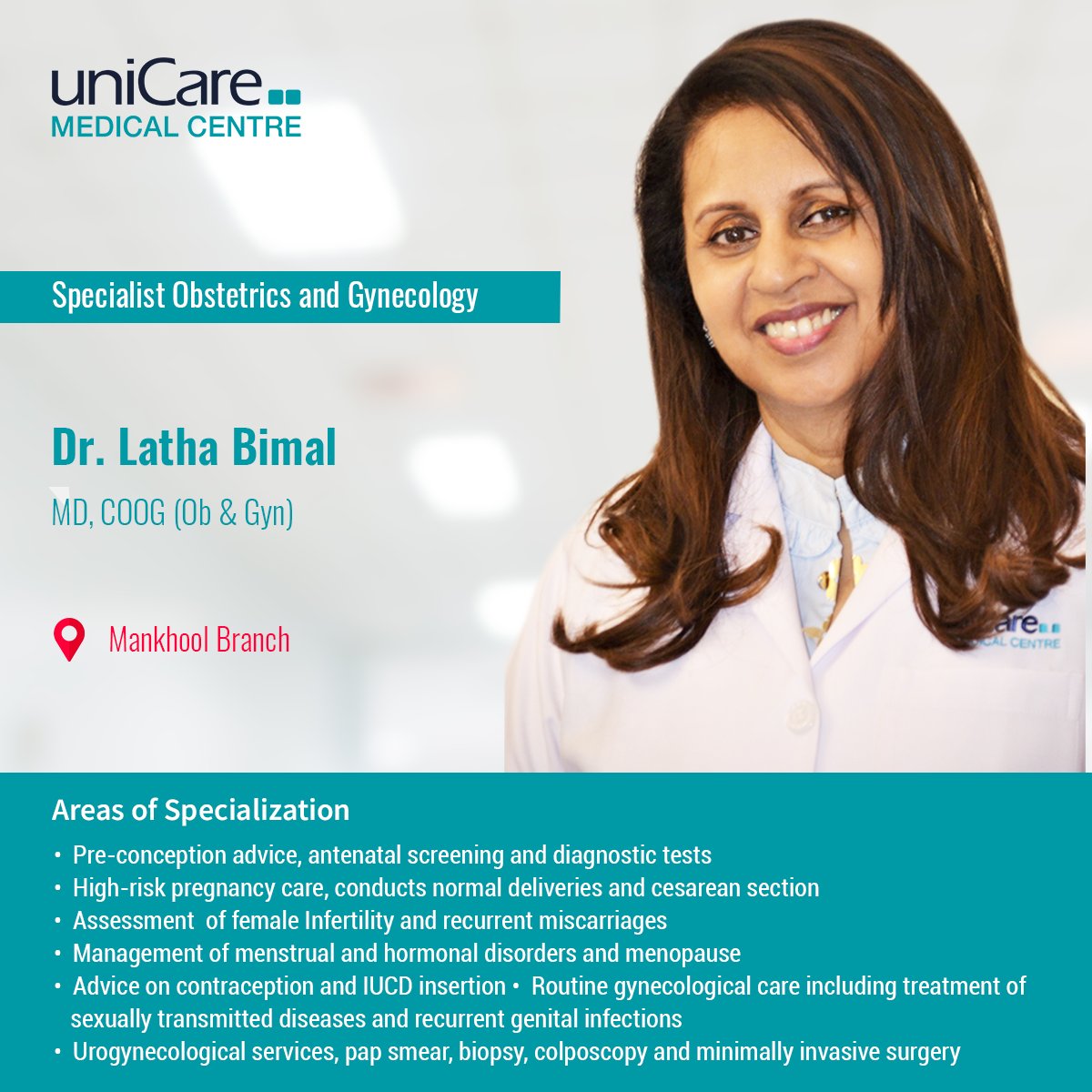 uniCaredubai's tweet photo. We are pleased to welcome Dr. Latha Bimal (Specialist Gynecologist) to uniCare Medical Center!
Call 04 352 9292 for appointments! https://t.co/cLVv0oaMUr