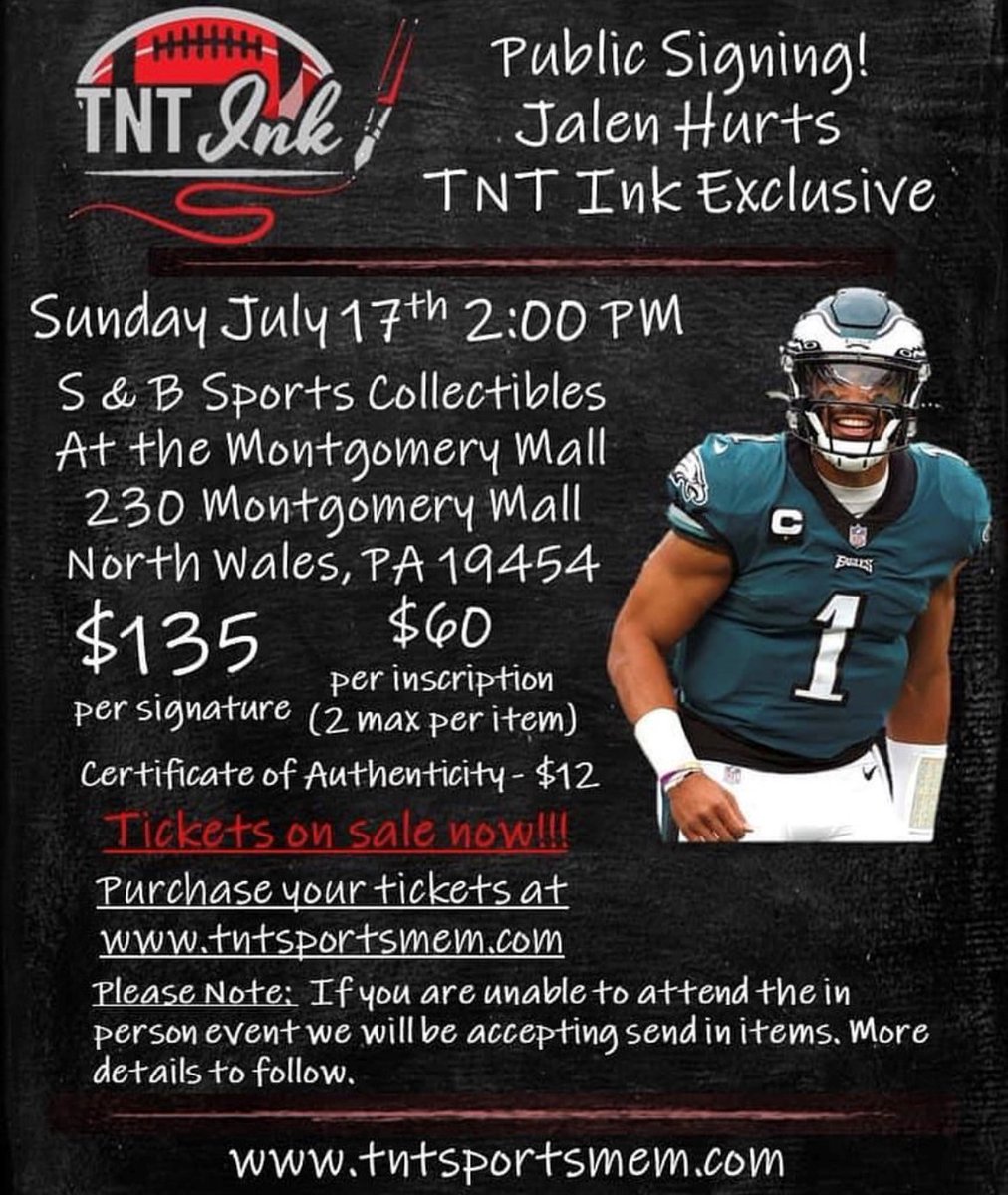🦅 Jalen Hurts is coming to the Montgomery Mall 🦅

Purchase your tickets @
tntsportsmem.com

#JalenHurts #flyeaglesfly #gobirds #philadelphia #montgomerymall #northwales #lansdale