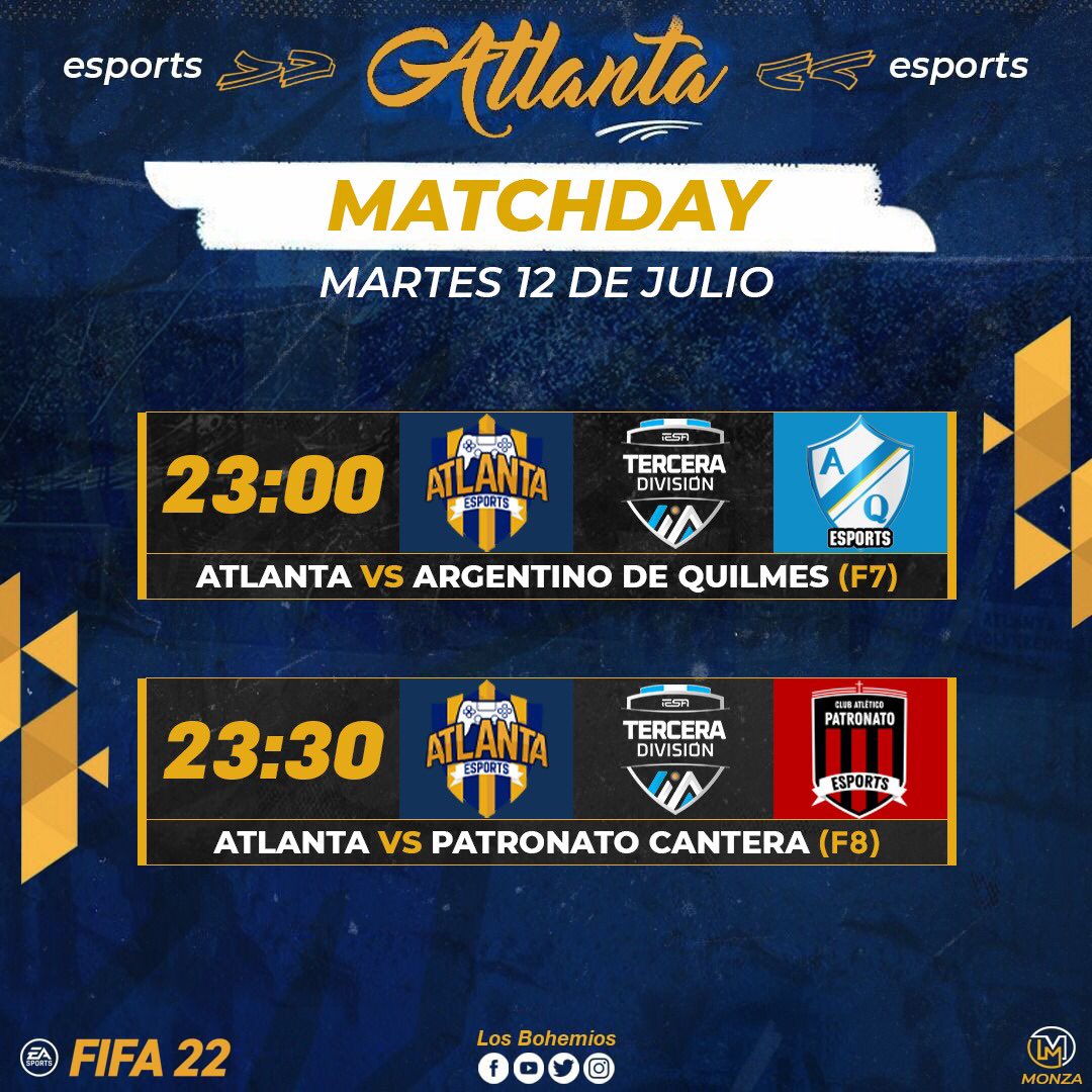 eSport_Atlanta's tweet photo. ¡Día de partido! 🔥
@iesafifaar
📅 12 de Julio
⏱ 23:00 / 23:30
📺 En vivo en YouTube
https://t.co/pBffpgE3uv
#VamosBohemio
#ClubAtleticoAtlanta
Club Atlético Atlanta - oficial
Diseñador: @monza_design https://t.co/r16tJluB6C