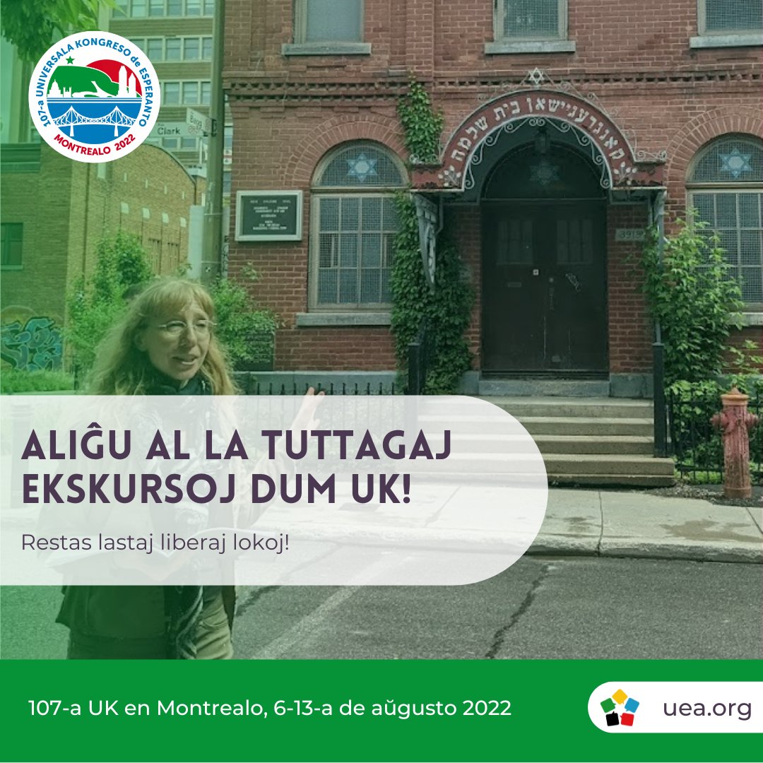 esperanto2022's tweet photo. Partoprenu en la tuttagaj eskursoj!

Eksciu pli en la Dua Bulteno ĉe ➡ https://t.co/YSwa3u1gLm kaj rezervu vian lokon ĉe ➡ https://t.co/QqeRKzGl8f. Restas lastaj liberaj lokoj!

#esperanto2022 #universalakongreso https://t.co/pLQOMjAgwZ