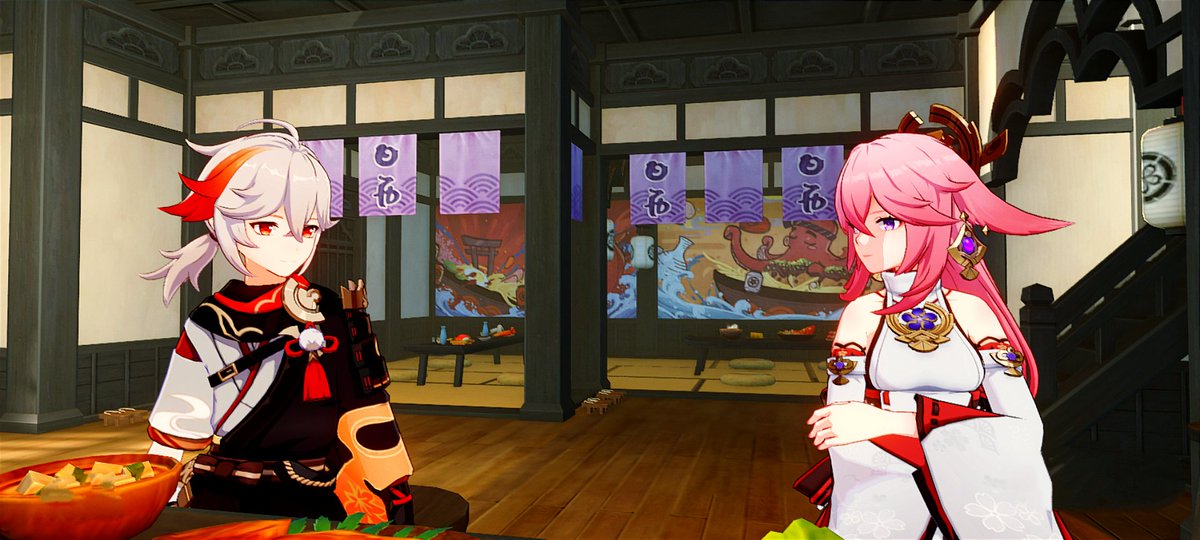 Piqrizz's tweet photo. Small talk between Kazuha &amp; Guuji Yae,
his banner just around the corner.Kazuha wanters will be Kazuha havers✨
#KaedeharaKazuha #yaemiko https://t.co/kfdmPnauhB
