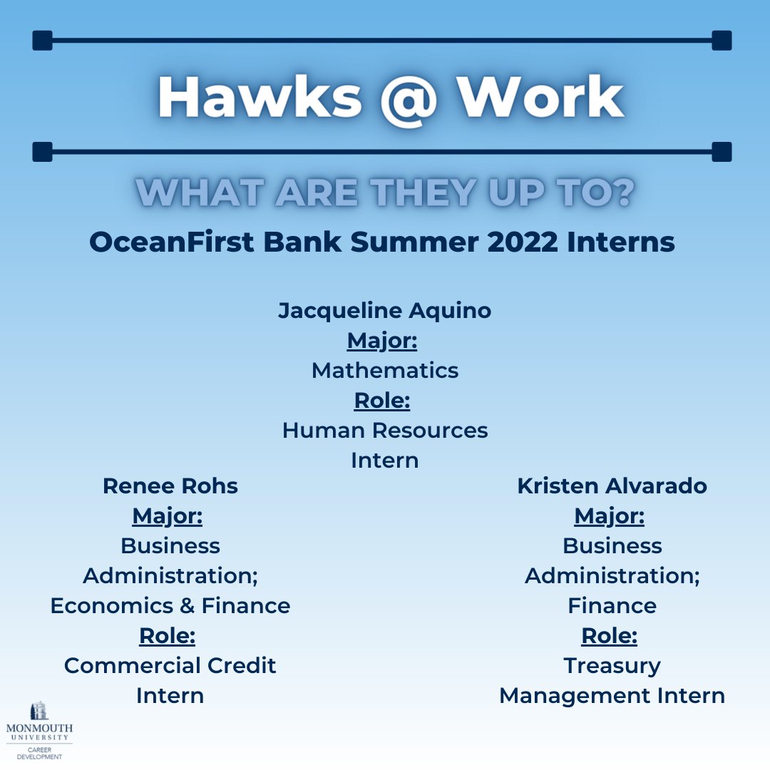 hireahawk's tweet photo. Congratulations to these three hawks for landing internships this summer at @oceanfirstbank!👏

Looking for an internship for the fall or even next summer? Check out open opportunities or schedule an appointment with a career coach on Handshake.

#hireahawk #mu #oceanfirstbank https://t.co/62bD8j2hsE