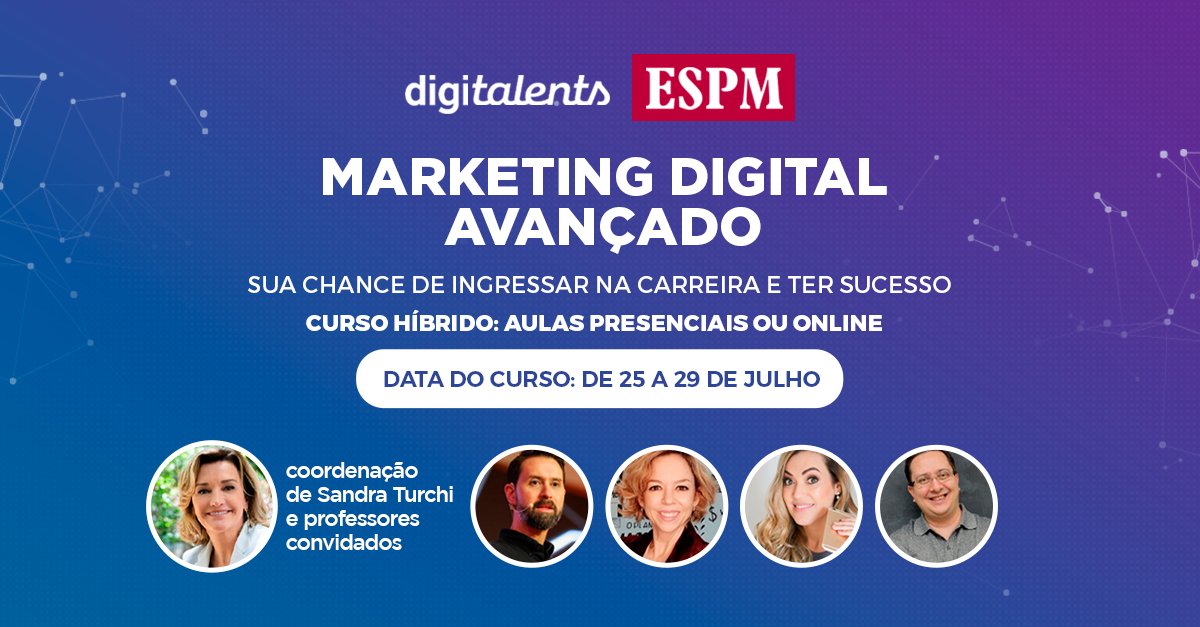 digitalents's tweet photo. Marketing Digital AVANÇADO na ESPM (online ou presencial)

Aprenda Data driven marketing, Performance, Métricas, Google Ads avançado, SEO avançado etc.

Data: de 25 a 29 de Julho, das 19:30h às 22:30
Vagas LIMITADAS.

Inscreva-se:
https://t.co/z9MCCyV9Kd https://t.co/ElTFptMafZ