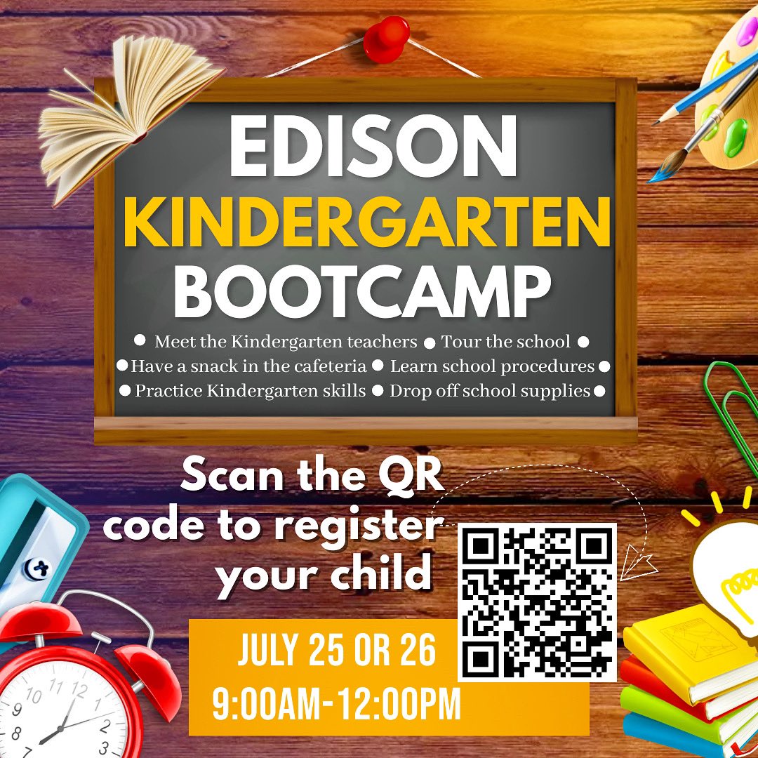 ThomasEdisonES's tweet photo. Have a student starting Kindergarten this year?! Send them to Edison from 9am-12pm on July 25th or July 26th for Kindergarten Bootcamp! Scan the QR code to get signed up. We hope to see them soon!!! 🍎📚✏️
#mnps #edisonelementary #kindergarten #backtoschool #chargers #newyear https://t.co/u29A4nJC6q