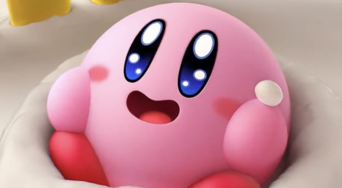 cgcolson95's tweet photo. Look at how happy he is to see a giant cake, he’s soo cute! 
I want to experience this much joy!
#NintendoSwitch #Kirby https://t.co/fjJYnTGQhX