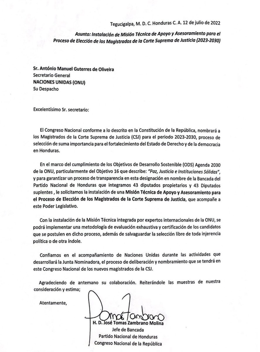 @PNHBancada <a href="/PNH_oficial/">Partido Nacional de Honduras</a> En cumplimiento de los ODS de la <a href="/ONU_es/">Naciones Unidas</a> en base al Objetivo 16 “Paz,Justicia e Instituciones Sólidas”solicitamos al Secretario General la instalación de una Misión Técnica de Apoyo y Asesoramiento para el Proceso de Elección de los Magistrados de la CSJ.