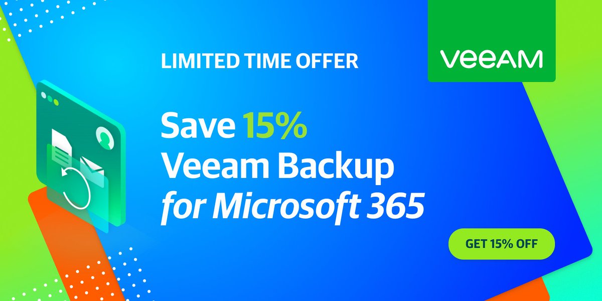 Limited time, exclusive offer 🎉 Get 15% off #Veeam Backup for Microsoft 365 and protect your critical #Microsoft365 data with the number one #backup solution the market. Learn more >> bit.ly/3yBb50U