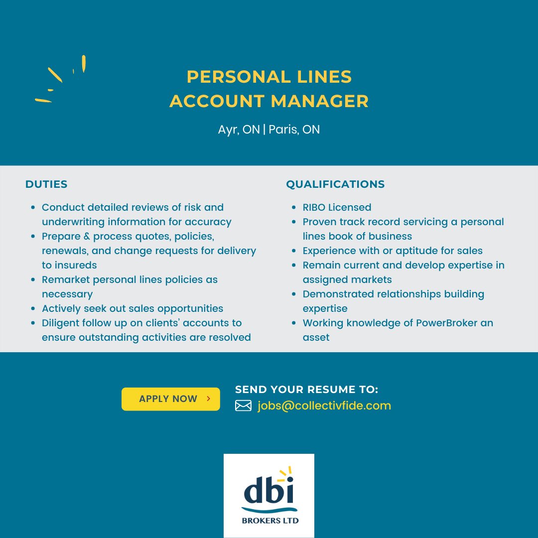 dbiBrokers's tweet photo. ๐ฃWeโre hiring! We're looking for a Personal Lines Account Manager to join our Ayr & Paris offices. Send your resume to:
๐งjobs@collectivfide.com
#hiring #insurance #insurancecareers #Ayr #Paris #ParisON #nowhiring #ontariojobs #local #jobsearch #insurancejobs #AccountManager https://t.co/FHzHTLcLwc